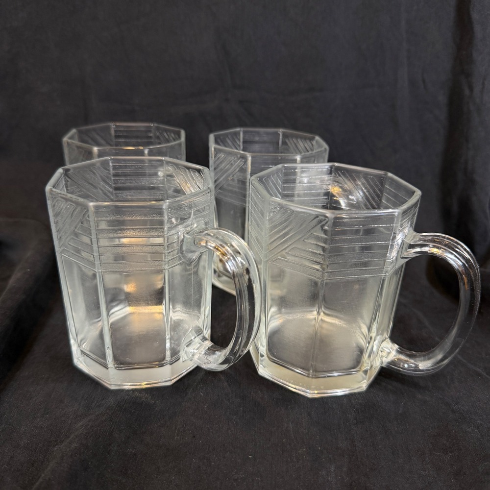 Vintage Arcoroc Octime Octagon Frosted Glass Mug Set of 4 France 4"